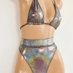 The Sugarpuss Collection Hologram Highcut Triangle Bikini In Silver Oil Slick & Dark Metallic Swim