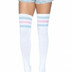 Leg Avenue Athletic Thigh High Striped Tube Socks In Light Blue And Light Pink Rollergirls And Disco Babes