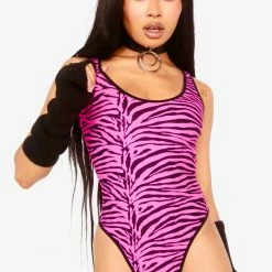 The Sugarpuss Collection Highcut Onepiece Swimsuit With Thong Back In Hot Pink Zebra With Black Trim Neons!