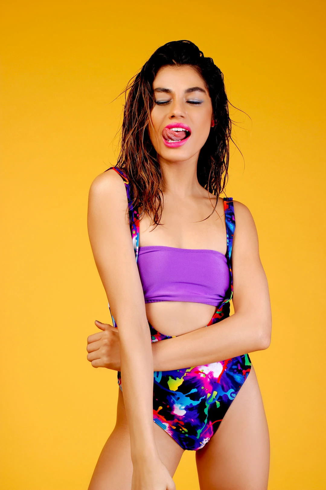 The Sugarpuss Collection Suspender Swimsuit With Thongback In Splatter Print 3 The Sugarpuss Collection Suspender Swimsuit With Thongback In Splatter Print