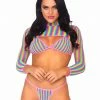 The Sugarpuss Collection Rainbow Fishnet 3 Piece Set With Long Sleeve Shrug, Bikini, And Thong Neons!