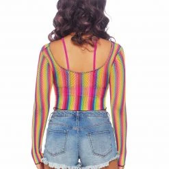 The Sugarpuss Collection Rainbow Fishnet Long Sleeve Crop Top