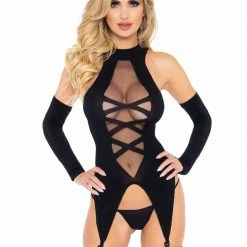 Leg Avenue Sheer "Lace Up" Cami Top, Garter & Stockings Set