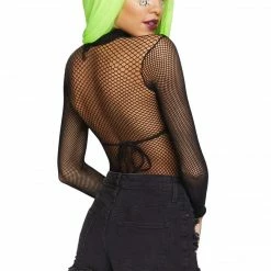 Leg Avenue See Ya At The Festie! High Neck Long Sleeve Fishnet Bodysuit In Black