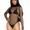Leg Avenue See Ya At The Festie! High Neck Long Sleeve Fishnet Bodysuit In Black