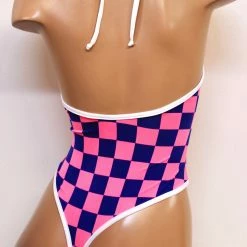 The Sugarpuss Collection Highcut Halter Bodysuit In Pink And Blue Checkers Neons!