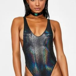 The Sugarpuss Collection Oil Slick & Dark Metallic Swim Hologram Highcut Sideboob One Piece In Black Snakeskin
