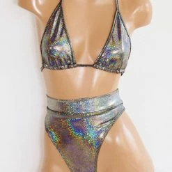 The Sugarpuss Collection Hologram Highcut Triangle Bikini In Silver Oil Slick & Dark Metallic Swim