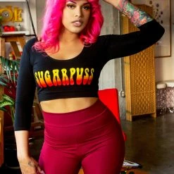 The Sugarpuss Collection Ombre Logo 3/4 Sleeve Crop Top In Black