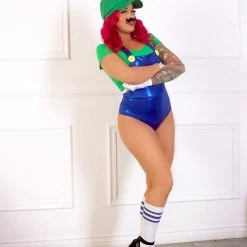 The Sugarpuss Collection Gaming Bros Blue Pin-Up Overalls Set W Green Crop Top