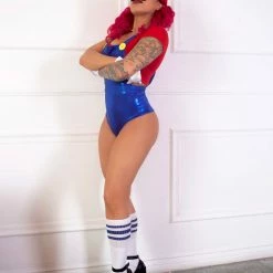 The Sugarpuss Collection Gaming Bros Blue Pin-Up Overalls Set W Red Crop Top