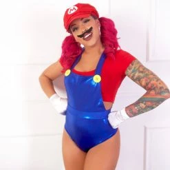 The Sugarpuss Collection Gaming Bros Blue Pin-Up Overalls Set W Red Crop Top