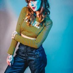 The Sugarpuss Collection Retro Stripes 'Sugarpuss' Logo Crop Tee With Long Sleeves