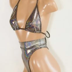 The Sugarpuss Collection Hologram Highcut Triangle Bikini In Silver Oil Slick & Dark Metallic Swim