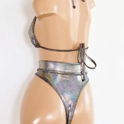 The Sugarpuss Collection Hologram Highcut Triangle Bikini In Silver Oil Slick & Dark Metallic Swim
