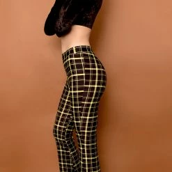 The Sugarpuss Collection Retro Plaid Flare Pants In Black And Yellow