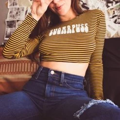 The Sugarpuss Collection Retro Stripes 'Sugarpuss' Logo Crop Tee With Long Sleeves