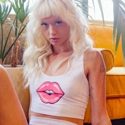 The Sugarpuss Collection Lips Crop Tank In White With Neon Pink Lips Rollergirls And Disco Babes