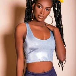 The Sugarpuss Collection Hologram Crop Tank In Baby Blue Rollergirls And Disco Babes