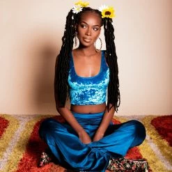 The Sugarpuss Collection Rollergirls And Disco Babes Crushed Velvet Crop Tank In Turquoise