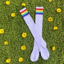 Leg Avenue Rollergirls And Disco Babes Rainbow Stripe Thigh Socks With Rhinestones In White
