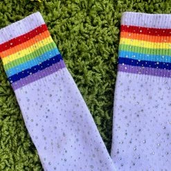 Leg Avenue Rollergirls And Disco Babes Rainbow Stripe Thigh Socks With Rhinestones In White