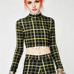 The Sugarpuss Collection Retro Plaid Flare Pants In Black And Yellow