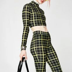 The Sugarpuss Collection Retro Plaid Flare Pants In Black And Yellow