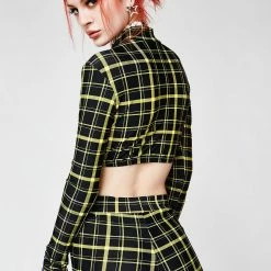 The Sugarpuss Collection Retro Plaid Flare Pants In Black And Yellow