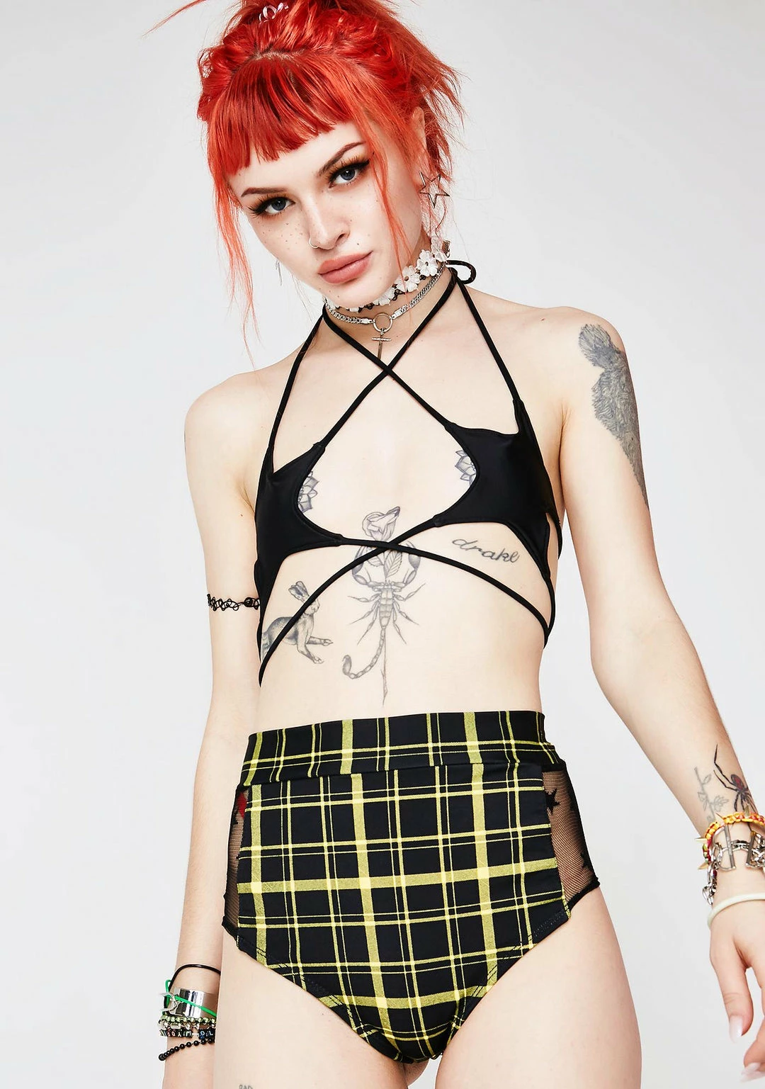 The Sugarpuss Collection See Ya At The Festie! Retro Plaid Highwaist Mesh Panel Cheeky Shorts In Black And Yellow 3 The Sugarpuss Collection See Ya At The Festie! Retro Plaid Highwaist Mesh Panel Cheeky Shorts In Black And Yellow