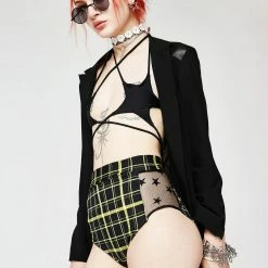 The Sugarpuss Collection See Ya At The Festie! Retro Plaid Highwaist Mesh Panel Cheeky Shorts In Black And Yellow
