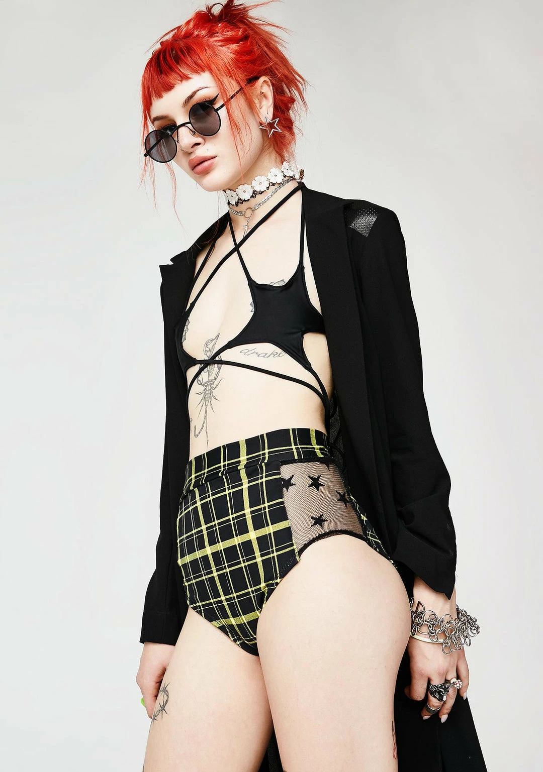 The Sugarpuss Collection See Ya At The Festie! Retro Plaid Highwaist Mesh Panel Cheeky Shorts In Black And Yellow 2 The Sugarpuss Collection See Ya At The Festie! Retro Plaid Highwaist Mesh Panel Cheeky Shorts In Black And Yellow