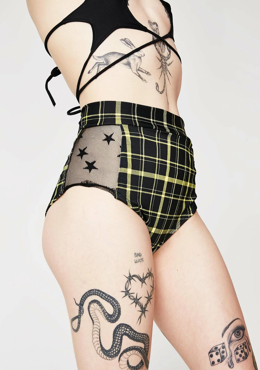 The Sugarpuss Collection See Ya At The Festie! Retro Plaid Highwaist Mesh Panel Cheeky Shorts In Black And Yellow 4 The Sugarpuss Collection See Ya At The Festie! Retro Plaid Highwaist Mesh Panel Cheeky Shorts In Black And Yellow