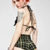 The Sugarpuss Collection See Ya At The Festie! Retro Plaid Highwaist Mesh Panel Cheeky Shorts In Black And Yellow