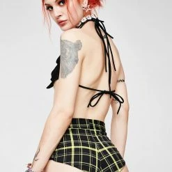 The Sugarpuss Collection See Ya At The Festie! Retro Plaid Highwaist Mesh Panel Cheeky Shorts In Black And Yellow