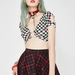The Sugarpuss Collection Retro Plaid Flirty Circle Skirt In Black And Red Modern Plaids
