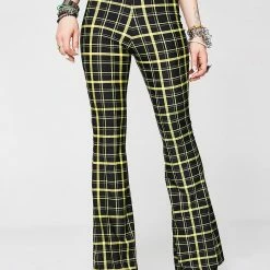 The Sugarpuss Collection Retro Plaid Flare Pants In Black And Yellow