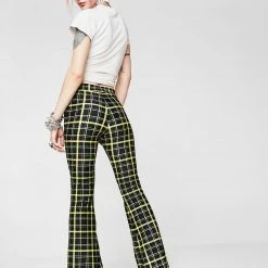The Sugarpuss Collection Retro Plaid Flare Pants In Black And Yellow