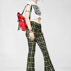 The Sugarpuss Collection Retro Plaid Flare Pants In Black And Yellow