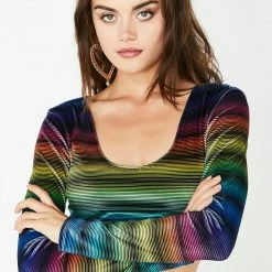 The Sugarpuss Collection Rollergirls And Disco Babes Velvet Rainbow Stripe Long Sleeve Crop Top