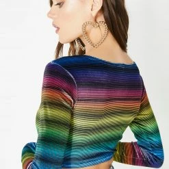 The Sugarpuss Collection Rollergirls And Disco Babes Velvet Rainbow Stripe Long Sleeve Crop Top