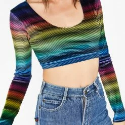 The Sugarpuss Collection Rollergirls And Disco Babes Velvet Rainbow Stripe Long Sleeve Crop Top