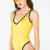 The Sugarpuss Collection 80s With A Pop! Swim High Cut V-Neck Bodysuit In Yellow With Black Trim
