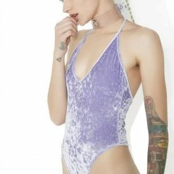 The Sugarpuss Collection Crushed Velvet High Cut Halter Bodysuit In Lavender Pastel Cupcake