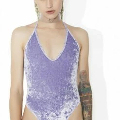 The Sugarpuss Collection Crushed Velvet High Cut Halter Bodysuit In Lavender Pastel Cupcake