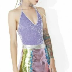 The Sugarpuss Collection Crushed Velvet High Cut Halter Bodysuit In Lavender Pastel Cupcake