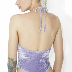 The Sugarpuss Collection Crushed Velvet High Cut Halter Bodysuit In Lavender Pastel Cupcake