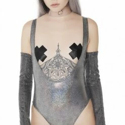 The Sugarpuss Collection Hologram One Piece Suspender Suit With Rioback In Silver Oil Slick & Dark Metallic Swim