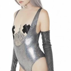 The Sugarpuss Collection Hologram One Piece Suspender Suit With Rioback In Silver Oil Slick & Dark Metallic Swim