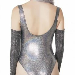 The Sugarpuss Collection Hologram One Piece Suspender Suit With Rioback In Silver Oil Slick & Dark Metallic Swim